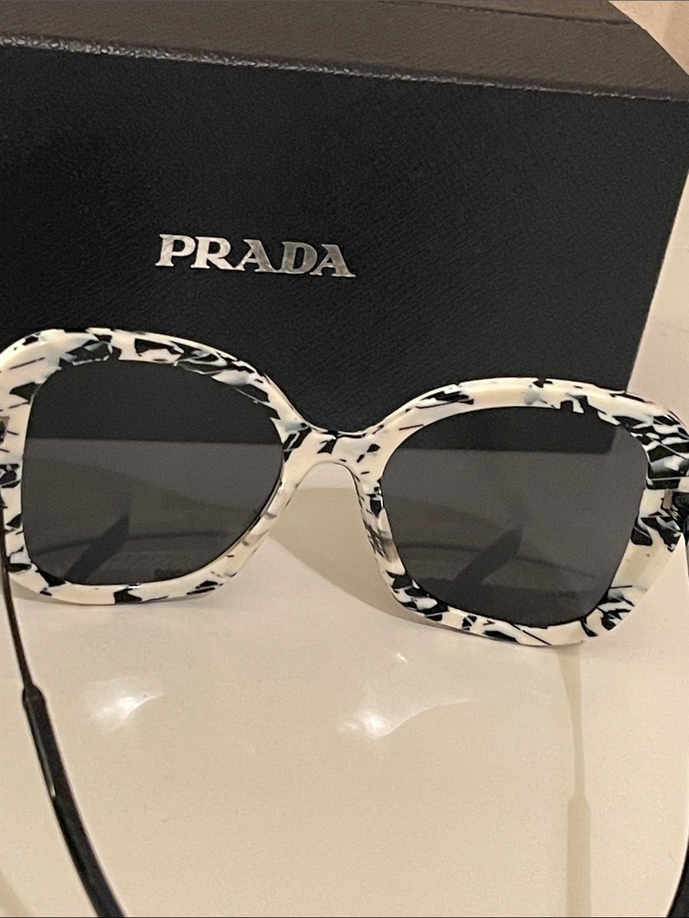 Prada Marbled White and Black Pattern Oversized Square Sunglasses - Picture 7 of 7